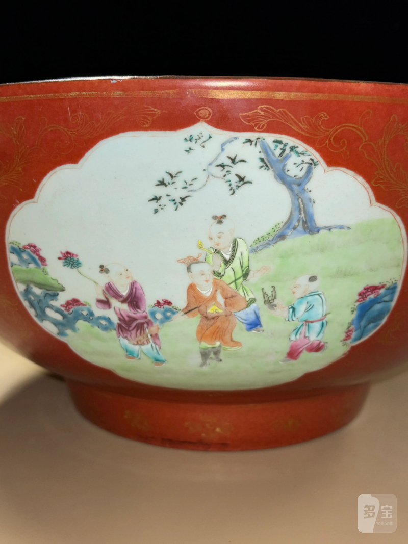 清乾隆 珊瑚描金开光婴戏图大碗 - 图10